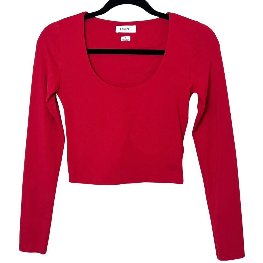 Aritzia Babaton Contour Long Sleeve Scoop Neck Crop Top Red Size Small